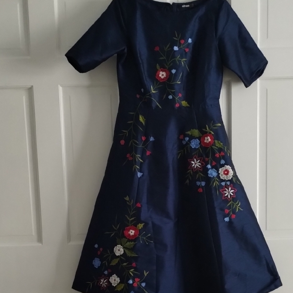 eShakti Navy Dress with Floral Embroidery